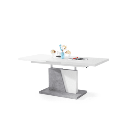 Moderne 2-i-1 sofabord og spisebord GRAND NOIR med hvid bordplade og beton-base.
