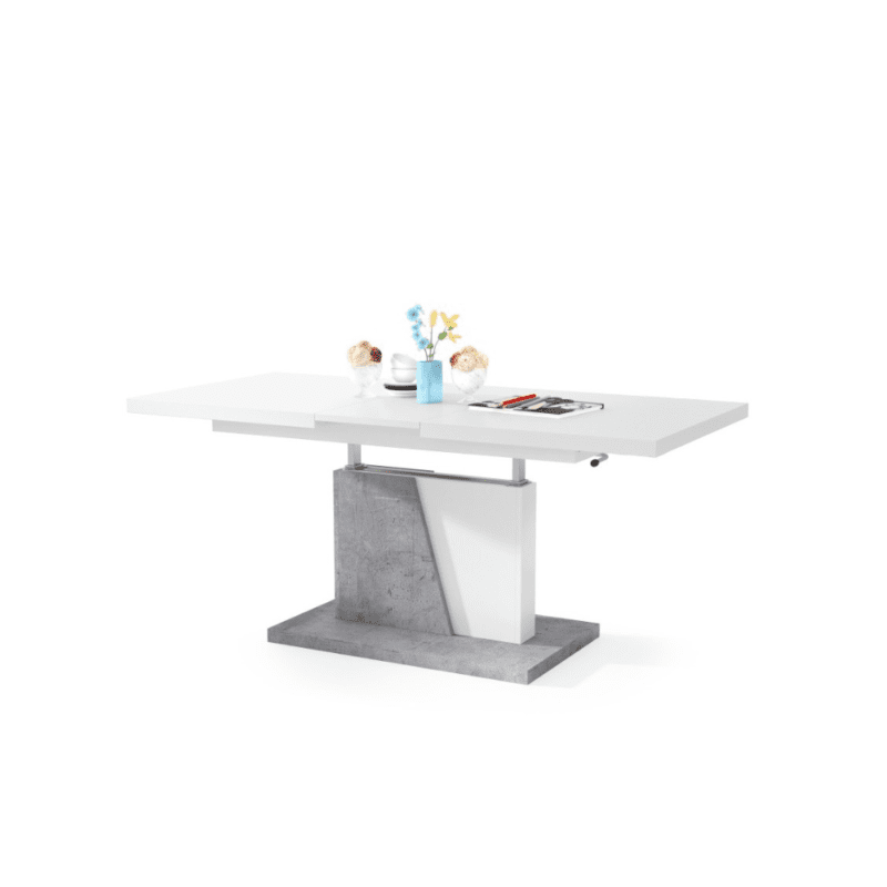 Moderne 2-i-1 sofabord og spisebord GRAND NOIR med hvid bordplade og beton-base.