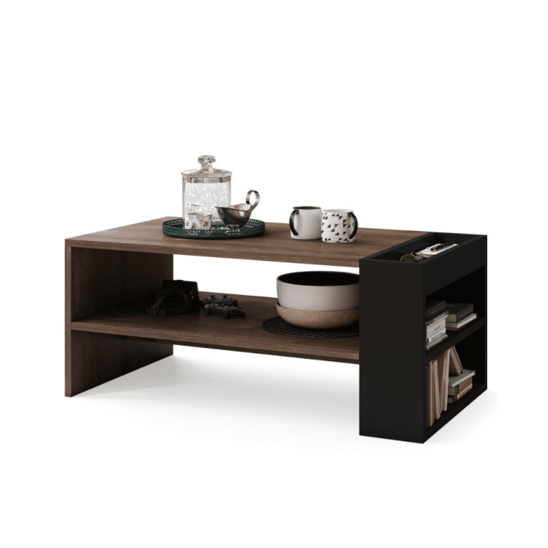 Sofabord i brun eg og sort mat