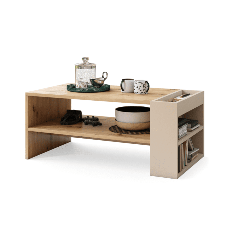 Moderne sofabord i varm Artisan Eg og blød beige med åbne hylder i en lys stue.