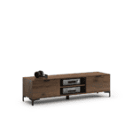 Moderne 150 cm TV-bord i elegant valnød med sorte metalben.