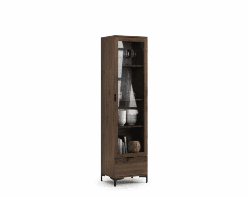 Moderne 50 cm bredt vitrineskab i elegant valnød med sorte metalben.