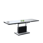 Et smart 2-i-1 bord i sort højglans og hvid med pneumatisk lift og udtræk til 200 cm.