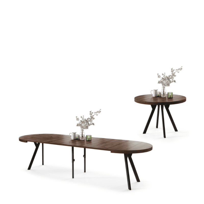 Rundt spisebord i mørk Brun Eg med udtræksfunktion fra 110 cm helt op til 310 cm.