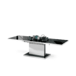 Et smart 2-i-1 bord i sort højglans og hvid med pneumatisk lift og udtræk til 200 cm.