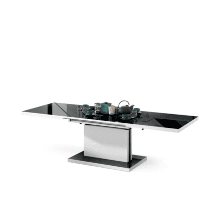 Et smart 2-i-1 bord i sort højglans og hvid med pneumatisk lift og udtræk til 200 cm.