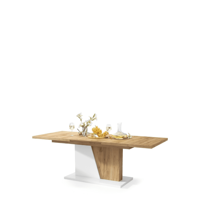 NOBLE NOIR – spisebord i gylden eg med hvid sokkel (160-218 cm)