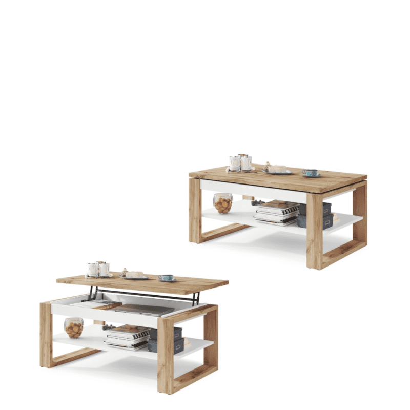 NUO – Moderne sofabord i hvid og varm eg med løfteplade