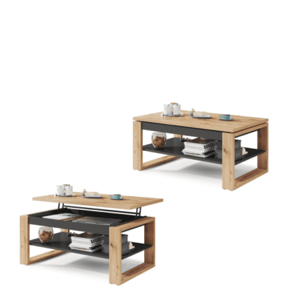 Moderne hæve-/sænke sofabord i Artisan eg og antracit med opbevaring.
