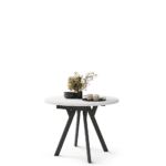 Rundt hvidt spisebord 90 cm med moderne Y-ben i sort metal og udtræk.