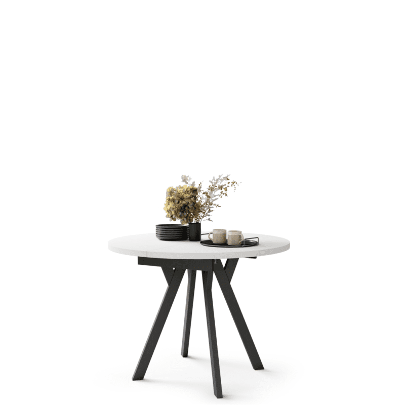 Rundt hvidt spisebord 90 cm med moderne Y-ben i sort metal og udtræk.