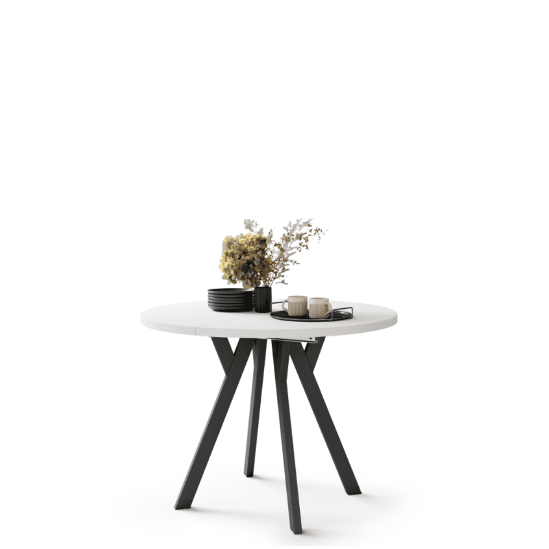 Rundt udtræksbord ALMO 100 cm – Hvid & Sort Metal