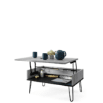 Hæve-/sænke sofabord med skjult opbevaring i beton og sort.