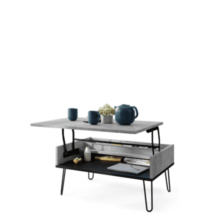 Hæve-/sænke sofabord med skjult opbevaring i beton og sort.