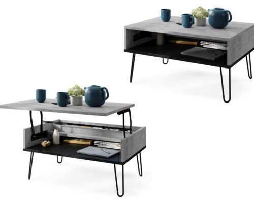 Hæve-/sænke sofabord med skjult opbevaring i beton og sort.