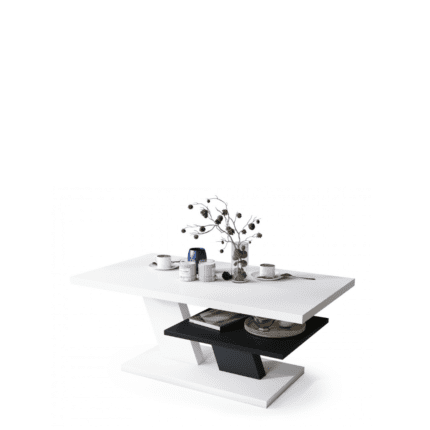 Stilrent sofabord med praktisk hylde til opbevaring af blade og udstyr