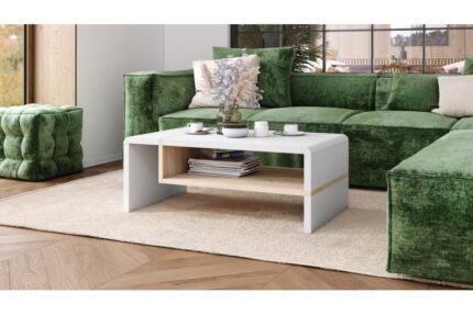 Moderne sofabord i hvid mat og Sonoma eg med praktisk hylde til opbevaring