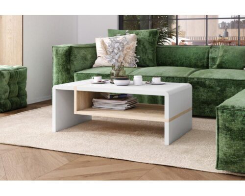 Moderne sofabord i hvid mat og Sonoma eg med praktisk hylde til opbevaring