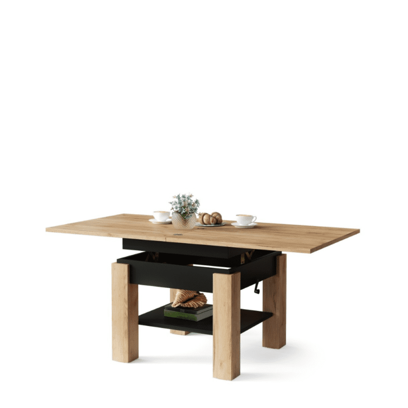 Elegant hæve/sænke sofabord i Gylden Eg og sort med "bog-udtræk" til 150 cm.