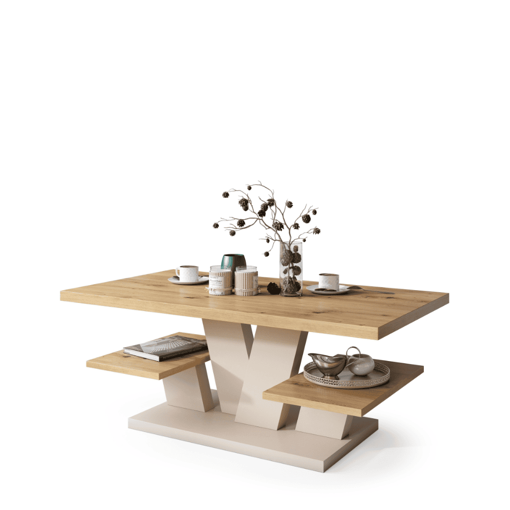 Moderne sofabord i Artisan Eg og beige med to praktiske hylder